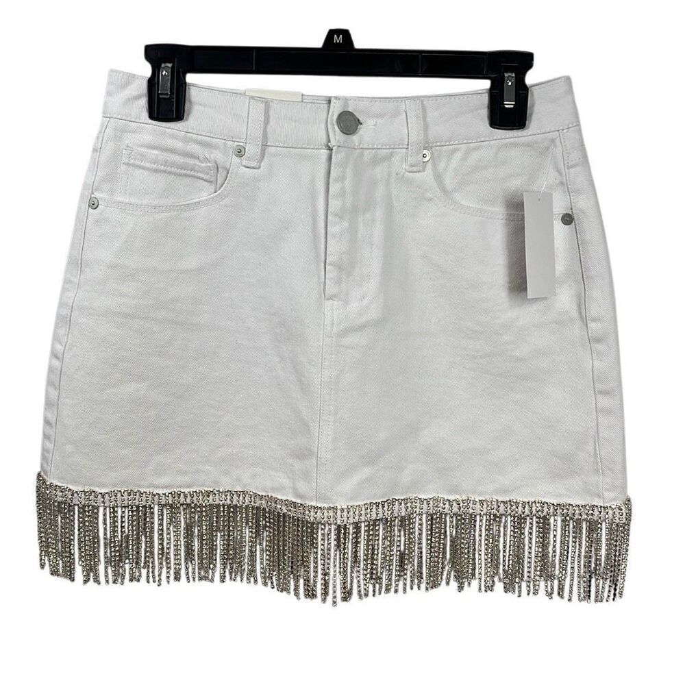 NWT BLANKNYC White Denim Fringe Skirt Rhinestone Trim Size 26 - Picture 10 of 16